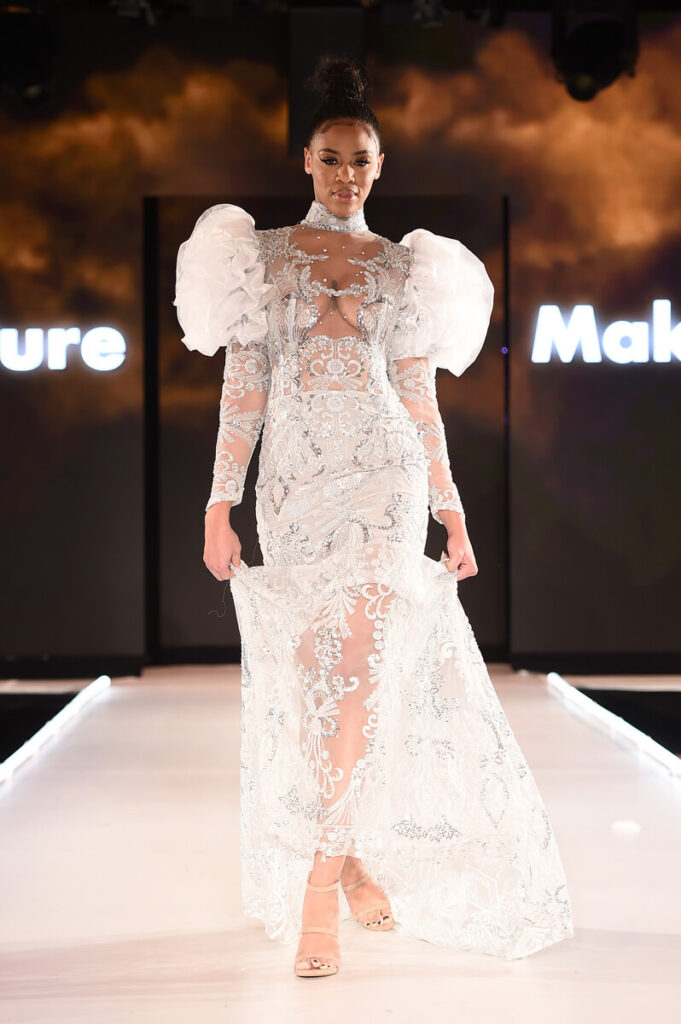 Model walks for Makarassi at Sony Hall for Runway 7 NYFW Fall Winter 2023