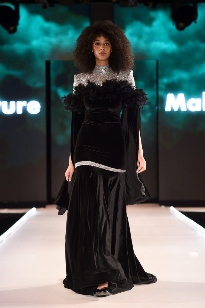 Model walks for Makarassi at Sony Hall for Runway 7 NYFW Fall Winter 2023
