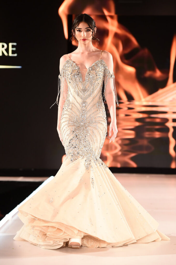 Model walks for NYC Glamour Couture at Sony Hall for Runway 7 NYFW Fall Winter 2023