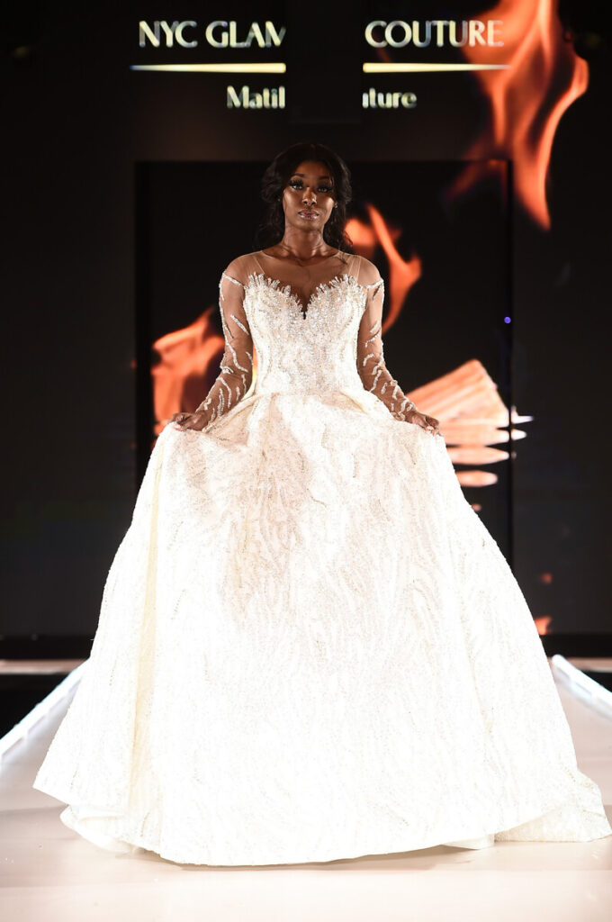 Model walks for NYC Glamour Couture at Sony Hall for Runway 7 NYFW Fall Winter 2023