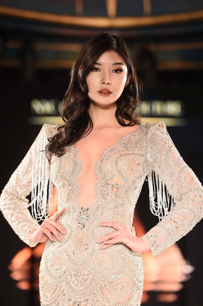 Model walks for NYC Glamour Couture at Sony Hall for Runway 7 NYFW Fall Winter 2023