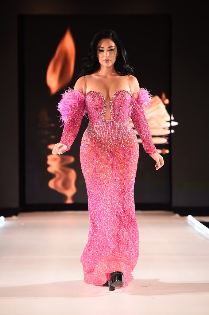 Model walks for NYC Glamour Couture at Sony Hall for Runway 7 NYFW Fall Winter 2023