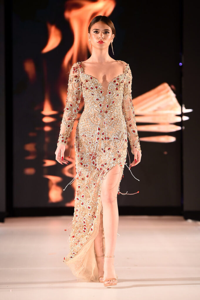 Model walks for NYC Glamour Couture at Sony Hall for Runway 7 NYFW Fall Winter 2023