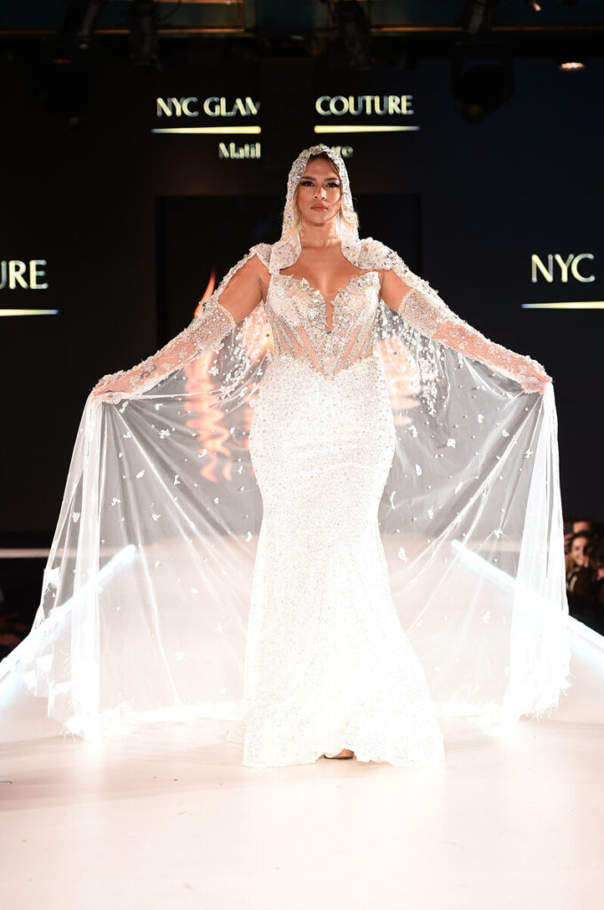 Model walks for NYC Glamour Couture at Sony Hall for Runway 7 NYFW Fall Winter 2023