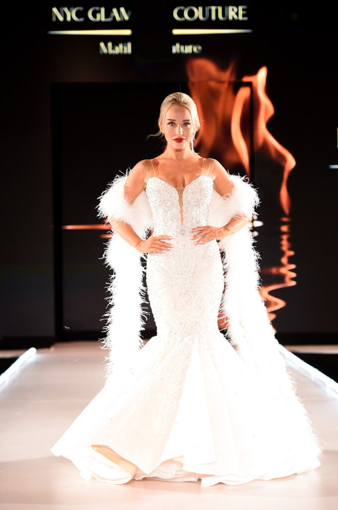 Model walks for NYC Glamour Couture at Sony Hall for Runway 7 NYFW Fall Winter 2023