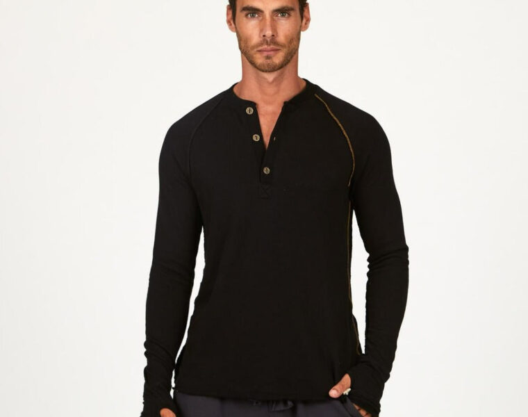 Model wearing One Golden Thread The Henley in black