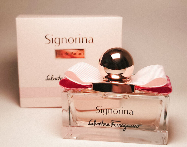 Luxury fragrance Signorina Eau de Parfum by Salvatore Ferragamo Bottle in front of box Photo by Sophia Calderone